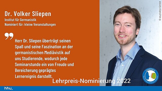 Dr. Volker Sliepen ist für den Lehrpreis 2022 in der Kategorie Kleine Veranstaltungen nominiert.