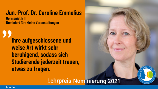 Jun.-Prof. Dr. Caroline Emmelius ist für den Lehrpreis 2021 in der Kategorie Kleine Veranstaltungen nominiert.